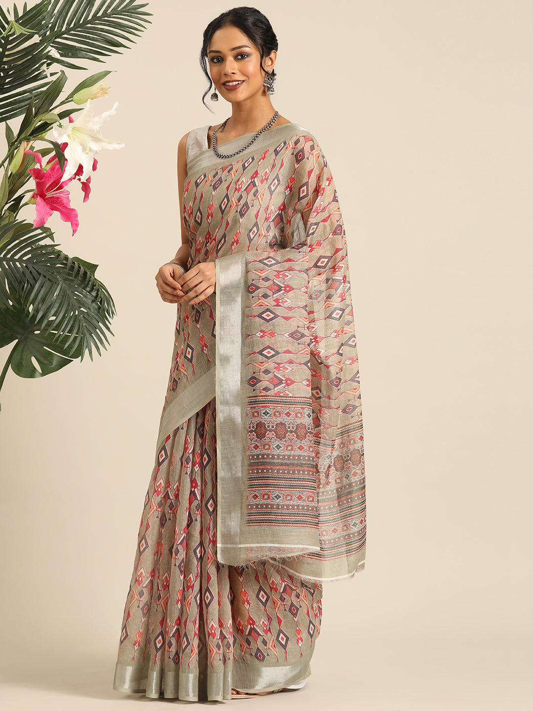 Mridula–Cream Printed Linen Saree
