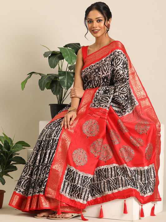 Vanya–Black Printed Weaving Silk Saree