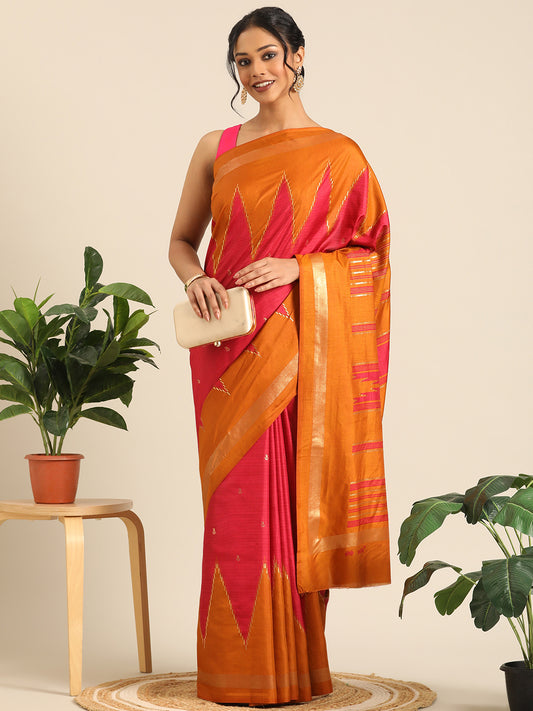 Tanta–Orange Printed Soft Silk Saree