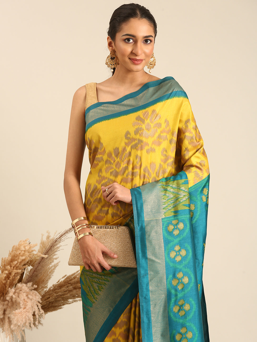 Tanta - yellow & Rama Green Printed Soft Silk Saree