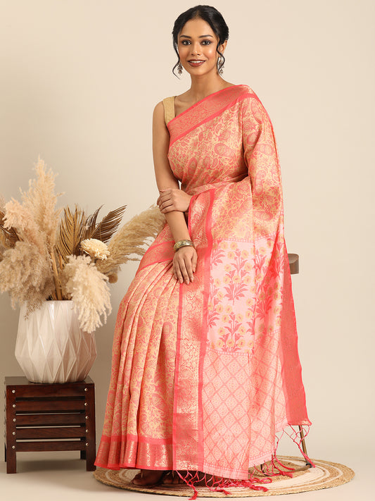 Niraaya–Peach Printed Soft Silk Saree