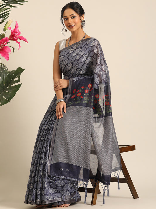 Saanvi–Blue Printed Cotton Linen Saree
