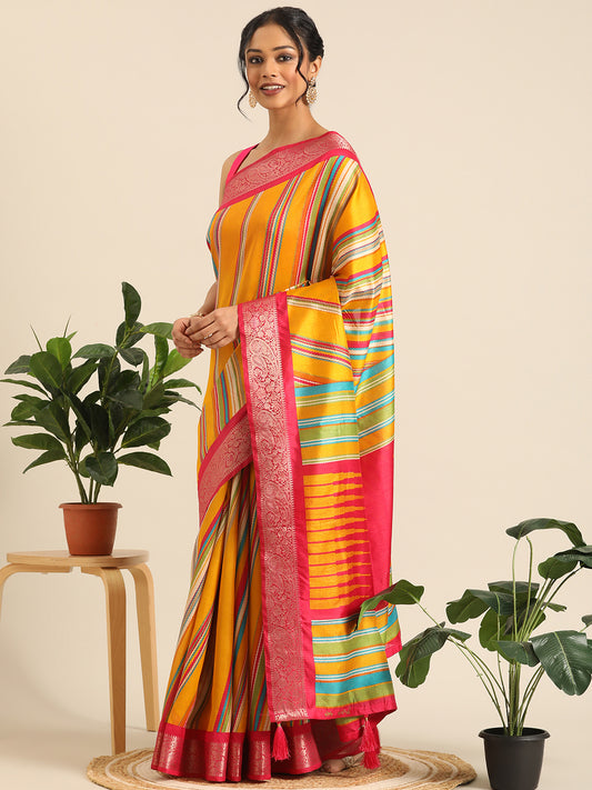 Niraaya–Yellow Printed Soft Silk Saree