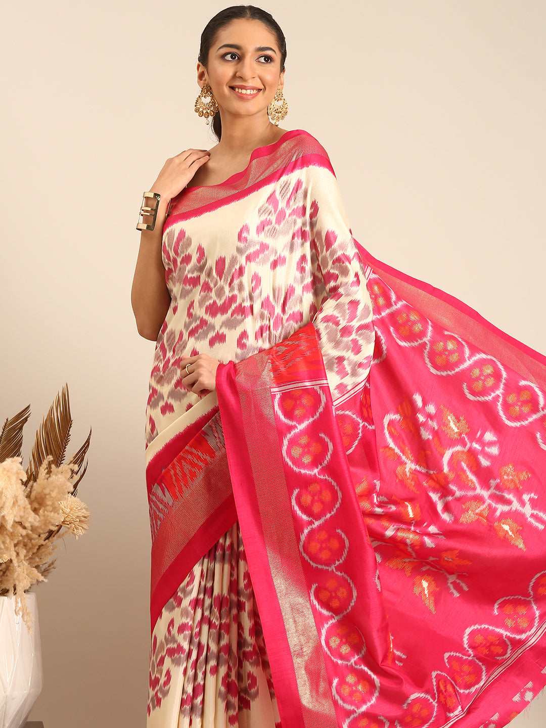 Tanta - Rani Pink Printed Soft Silk Saree