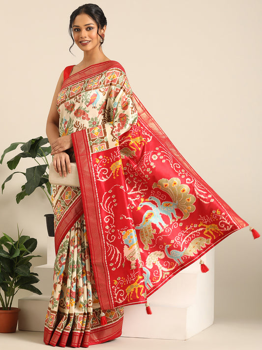 Rangrekha–Cream Printed Soft Silk Saree