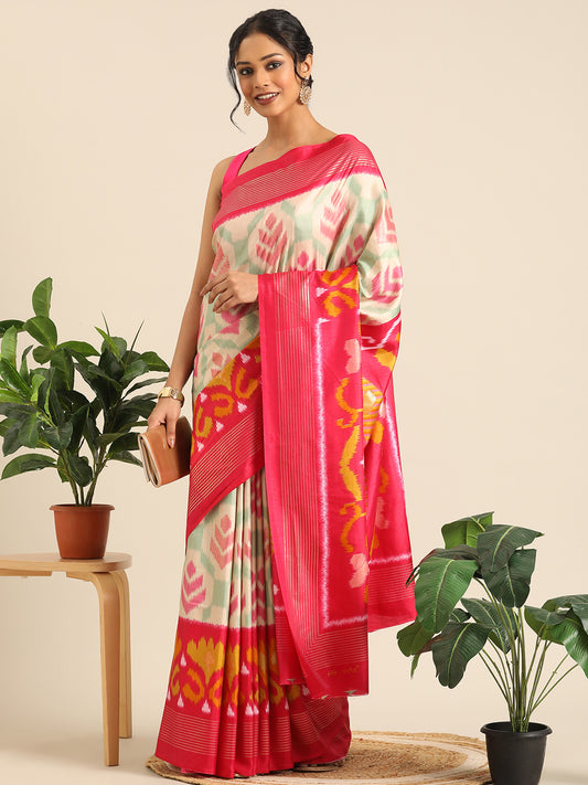 Tanta–Cream Printed Soft Silk Saree