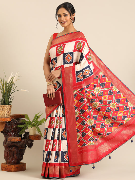 Rangrekha–White Printed Soft Silk Saree