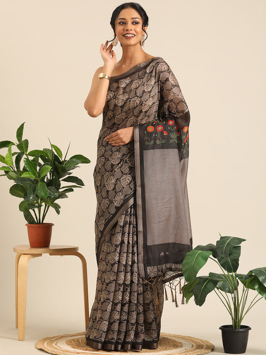 Saanvi–Beige Printed Cotton Linen Saree