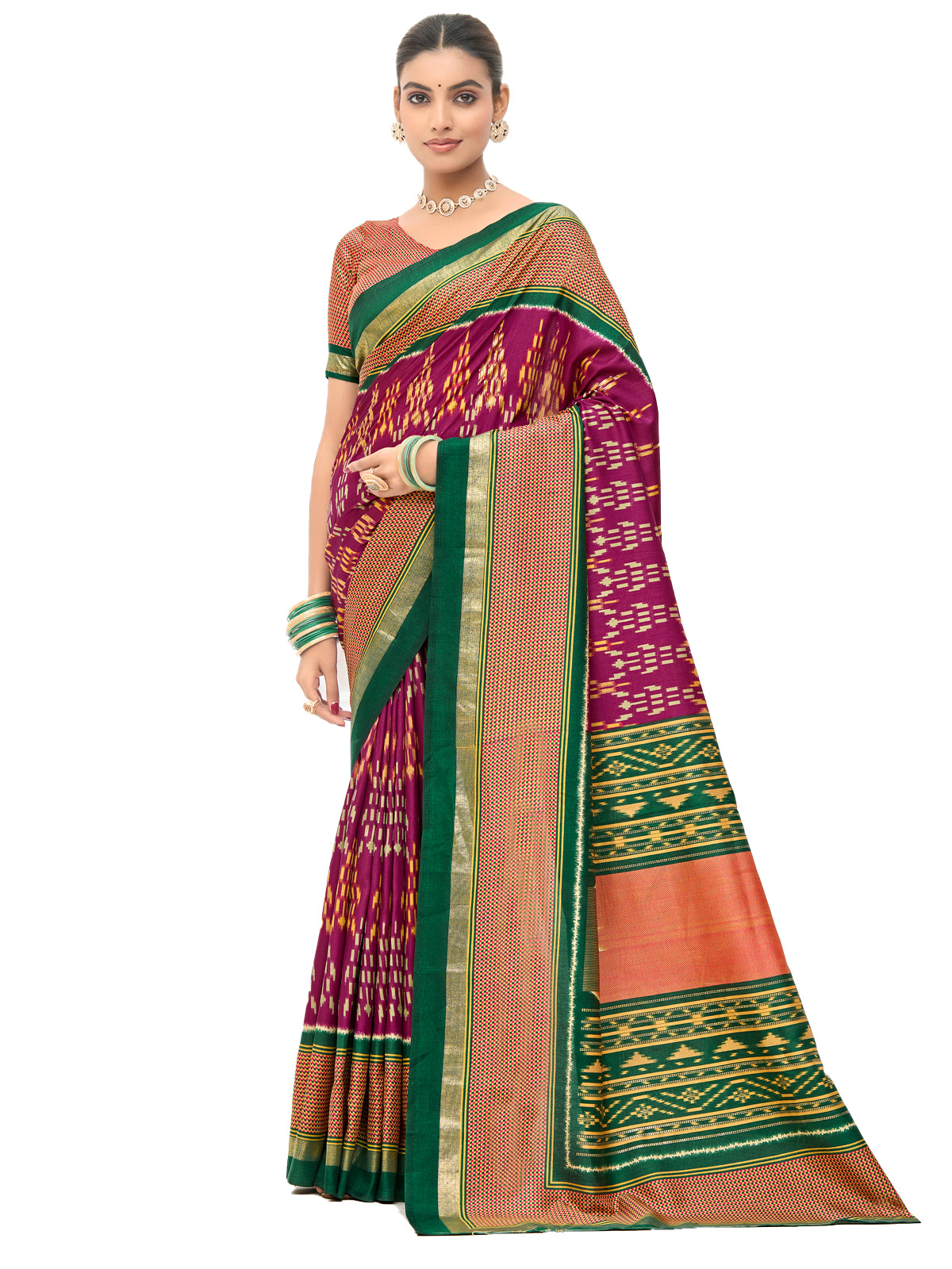 Vipul Magenta Ikat Style Geometric Print Printed Poly Silk Saree