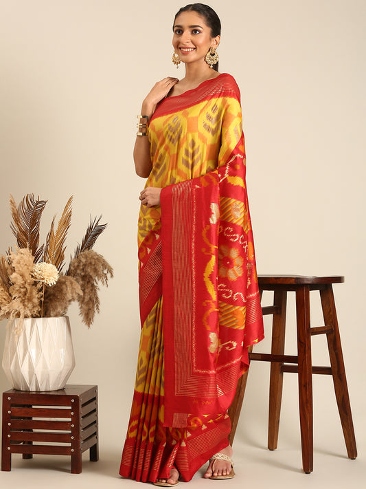 Tanta - Yellow & Red Printed Soft Silk Saree