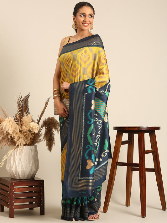 Tanta - Yellow & Rama Green Printed Soft Silk Saree