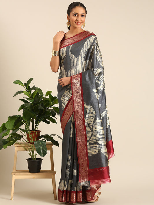 Saanvi - Grey Printed Art Silk Saree
