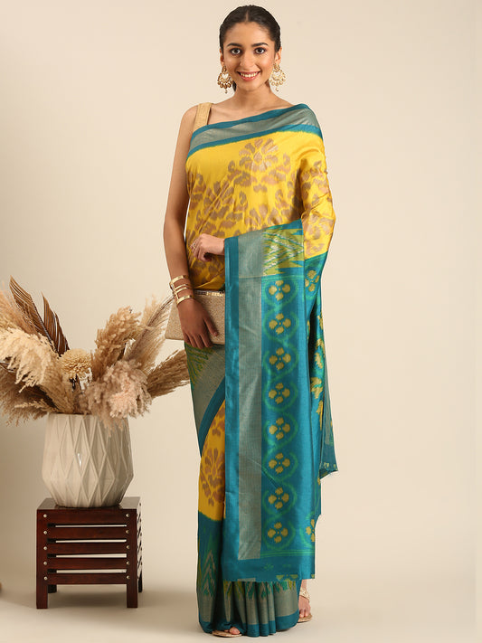 Tanta - yellow & Rama Green Printed Soft Silk Saree