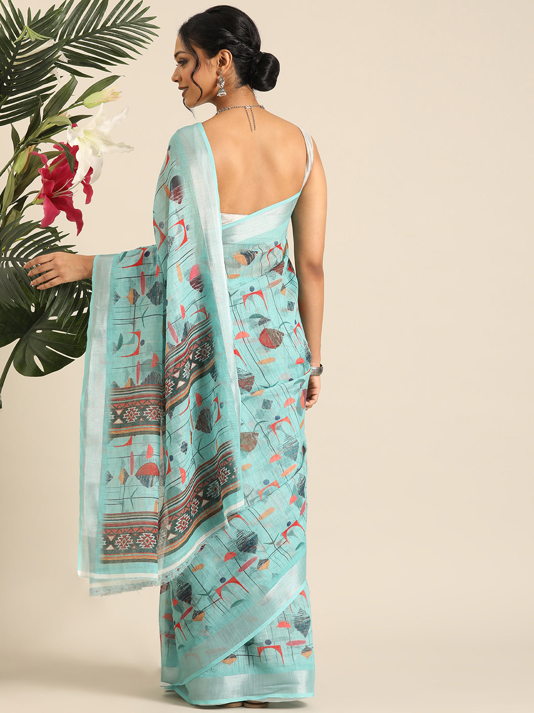 Mridula–Turquoise Printed Linen Saree