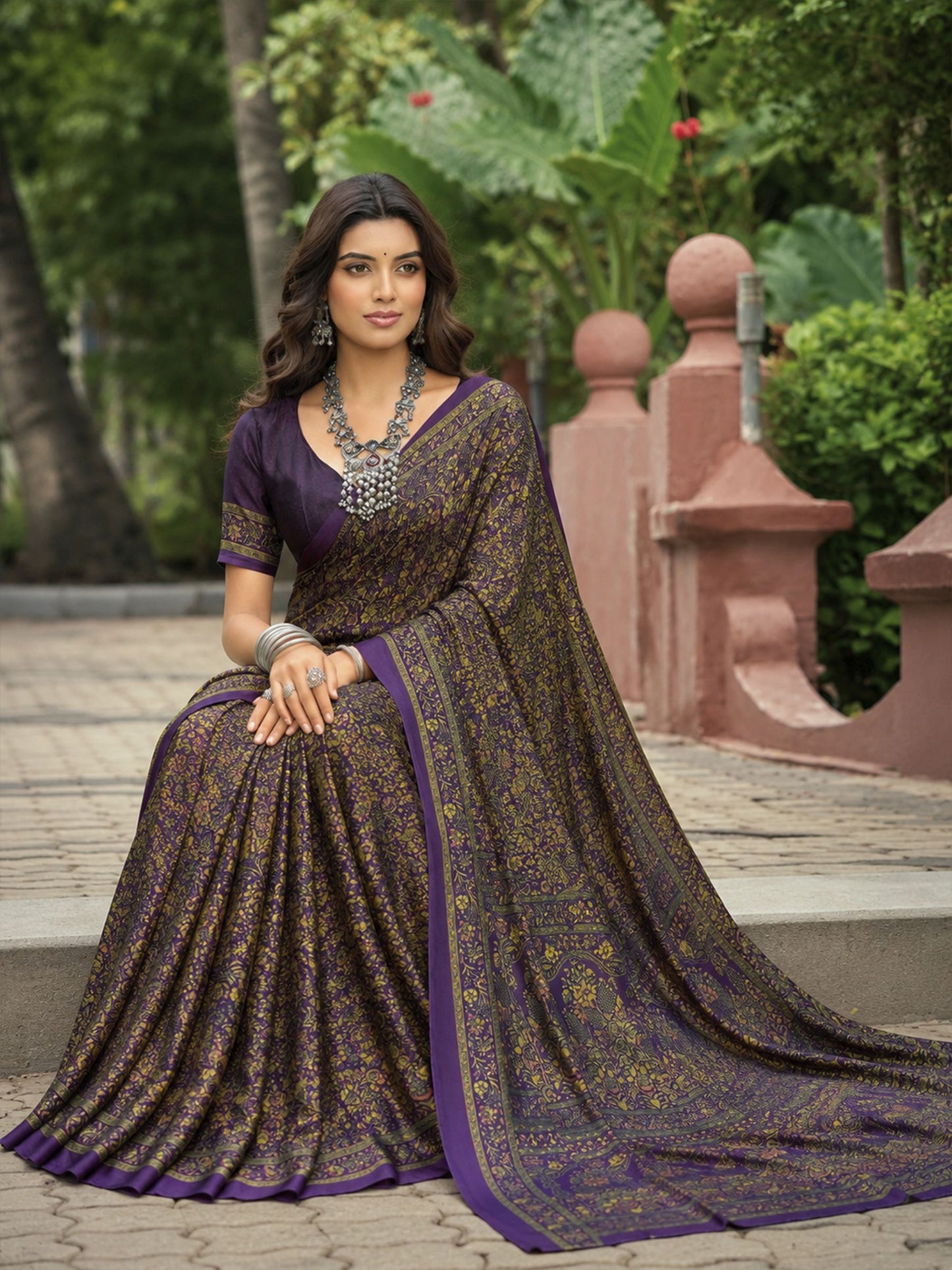 Rajkala - Violet Printed Crepe Silk Saree