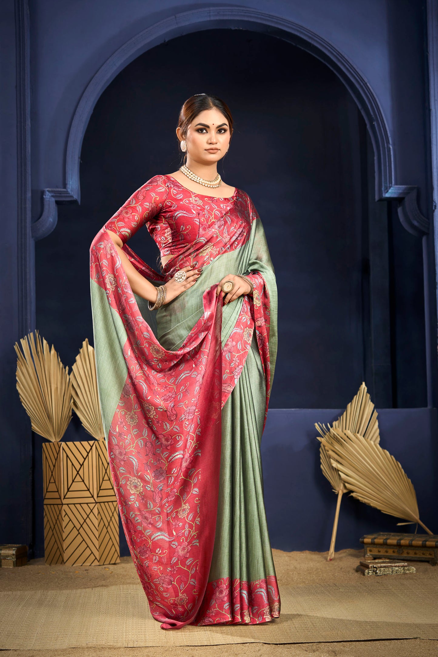 Varnika - Green Printed Flow Chiffon Saree