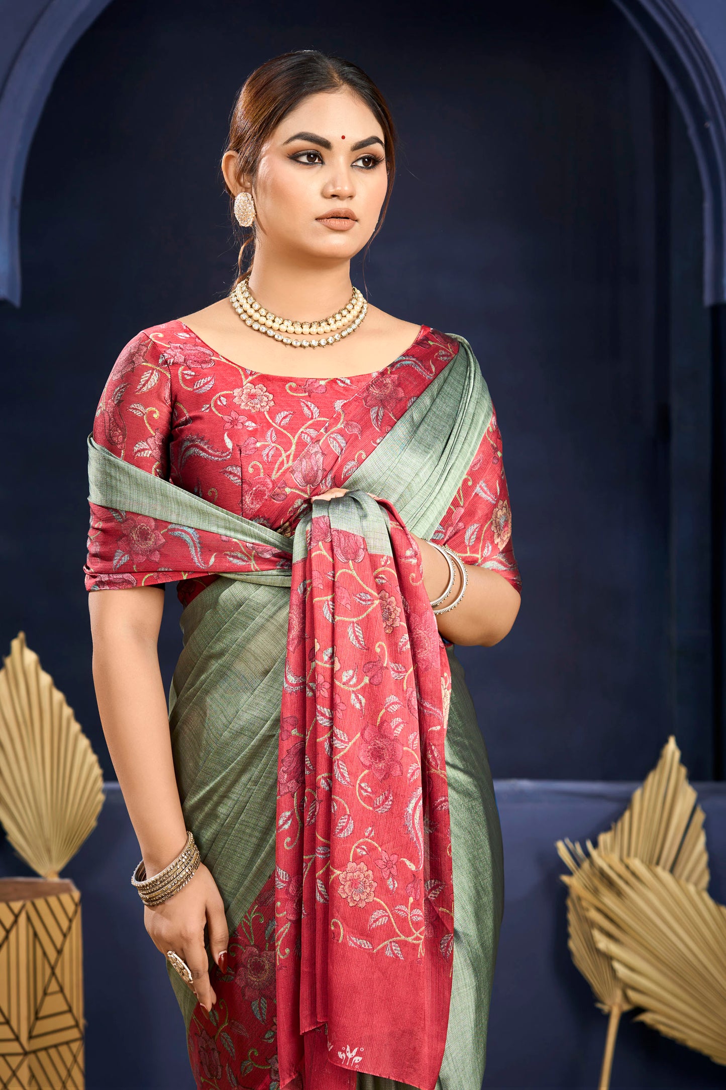 Varnika - Green Printed Flow Chiffon Saree
