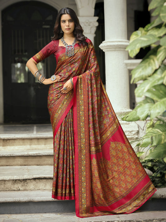 Rajkala - Fire Red Printed Crepe Silk Saree