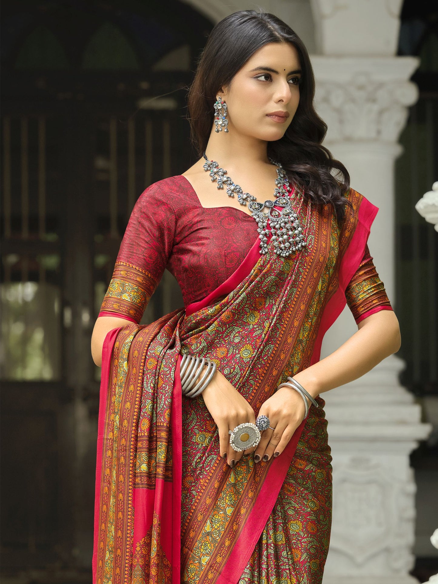 Rajkala - Fire Red Printed Crepe Silk Saree