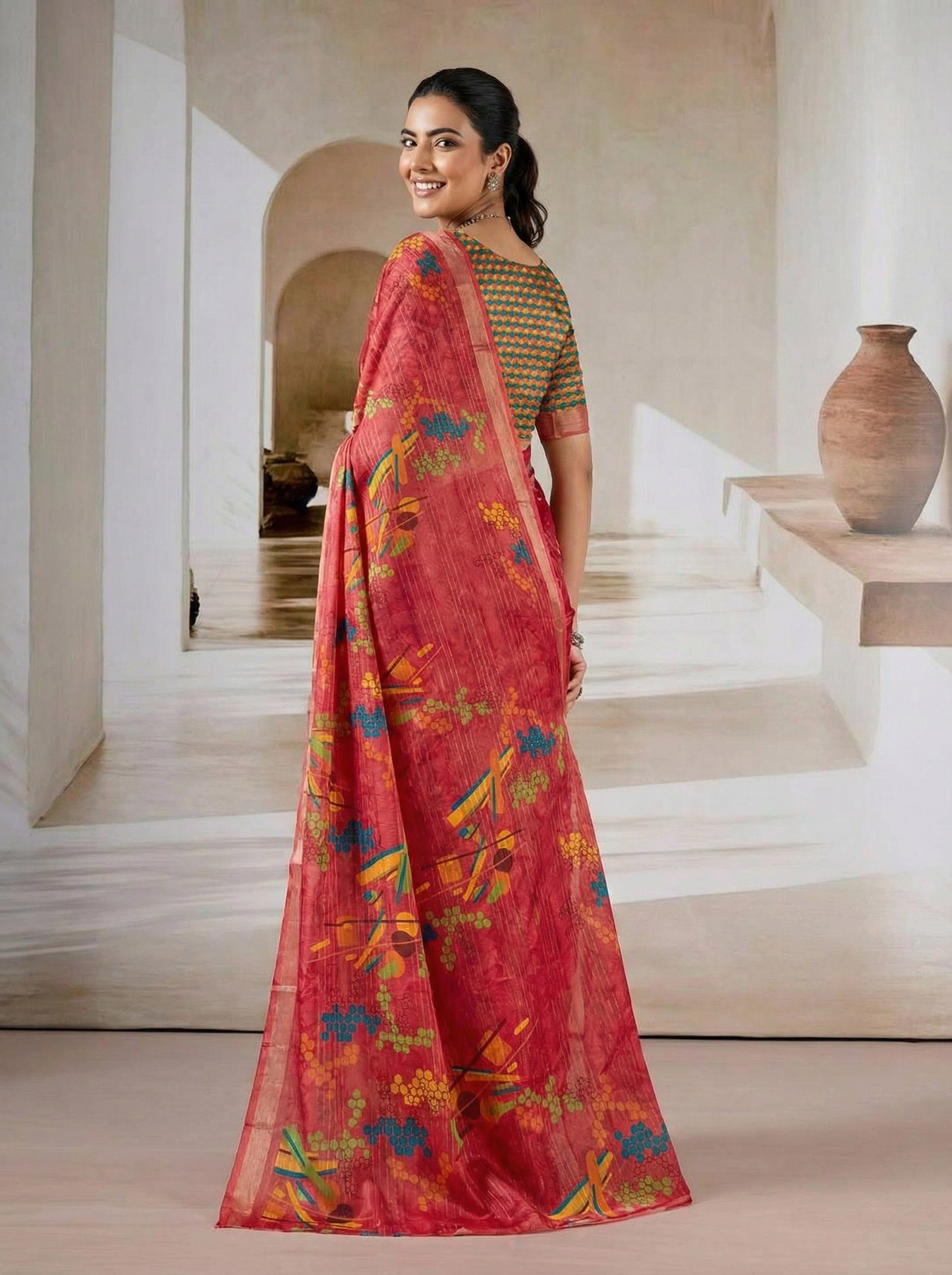 Urvashi - Red Chiffon Printed Saree with Lace Border