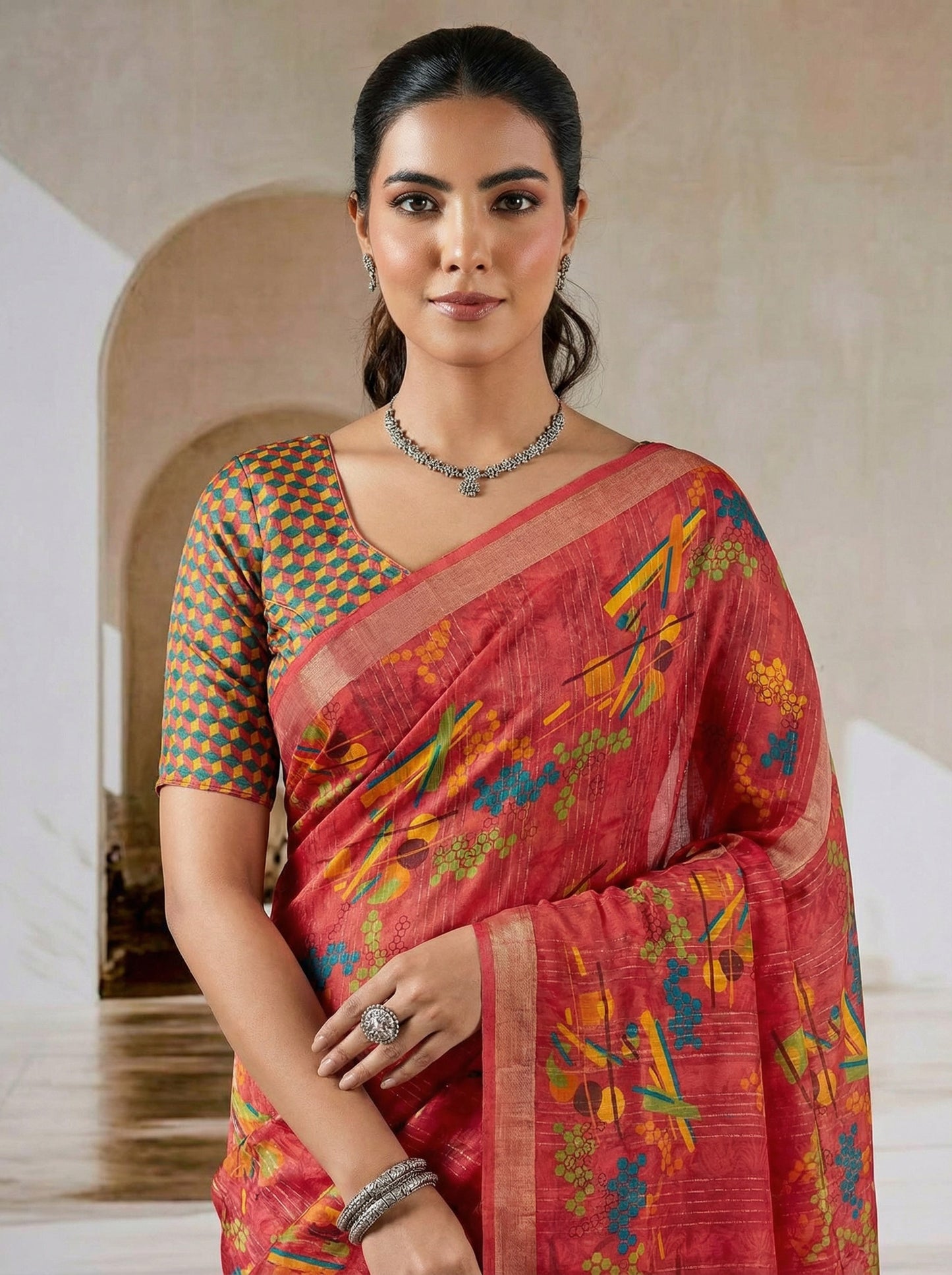Urvashi - Red Chiffon Printed Saree with Lace Border