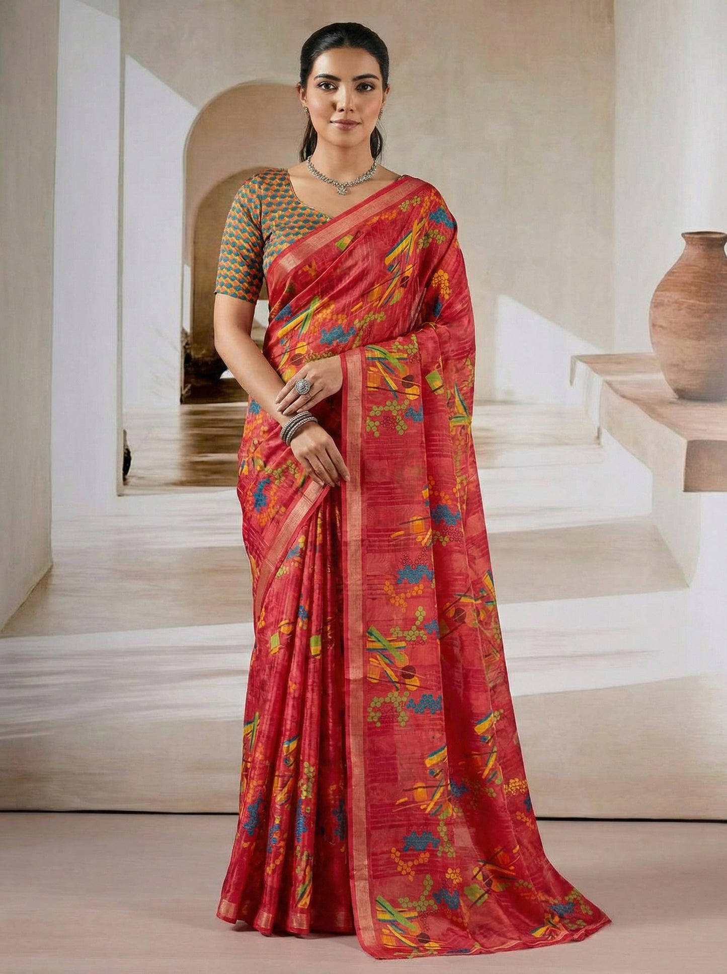 Urvashi - Red Chiffon Printed Saree with Lace Border
