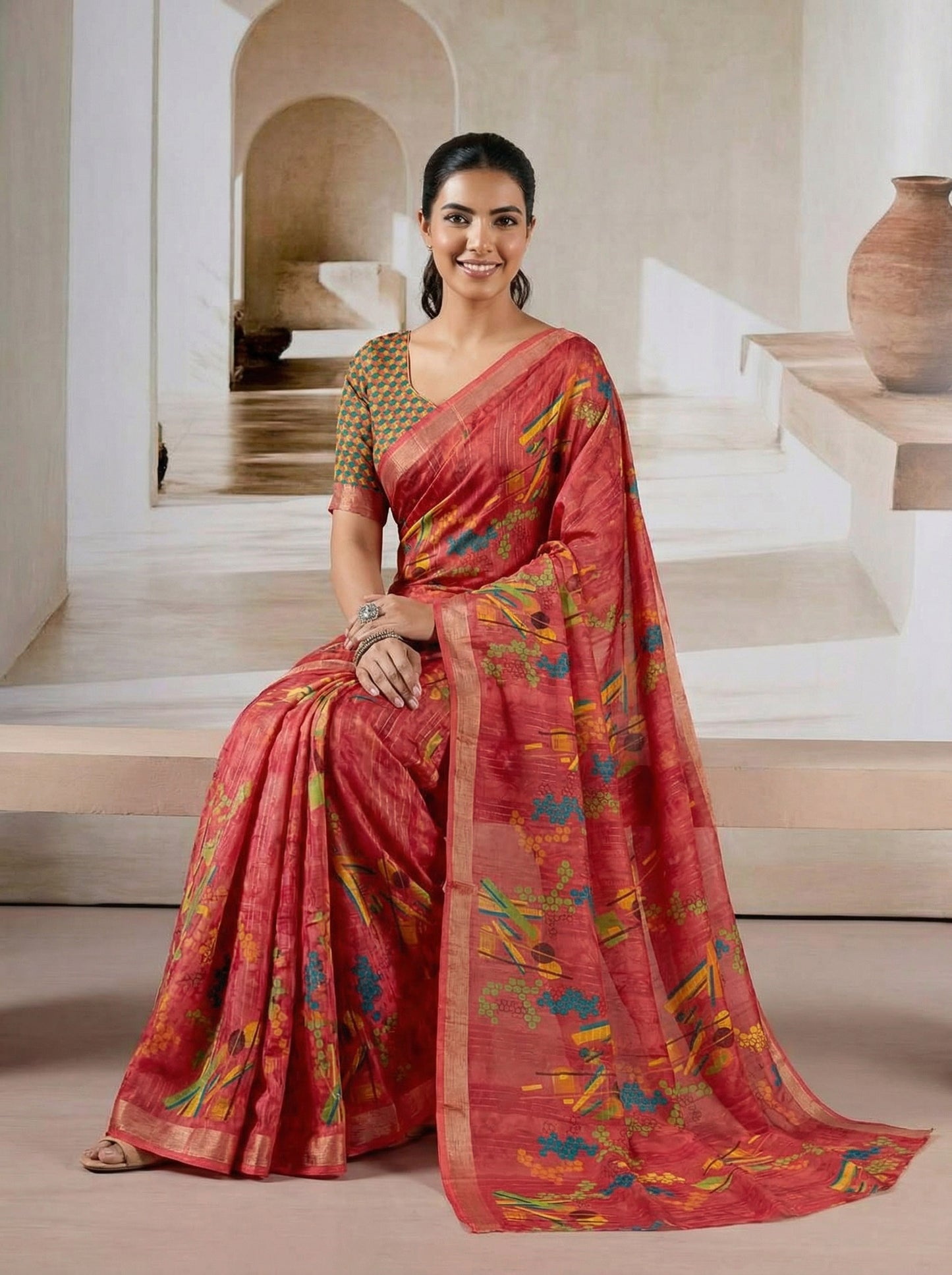 Urvashi - Red Chiffon Printed Saree with Lace Border