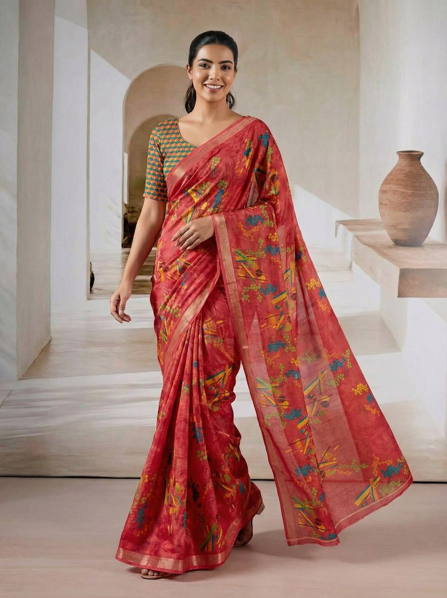 Urvashi - Red Chiffon Printed Saree with Lace Border