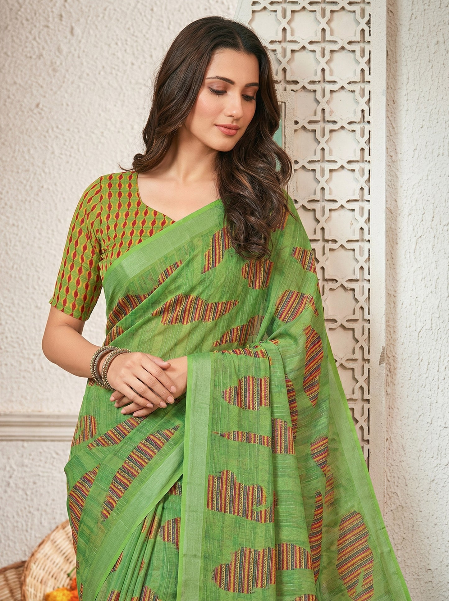 Urvashi - Lime Green Chiffon Printed Saree with Lace Border