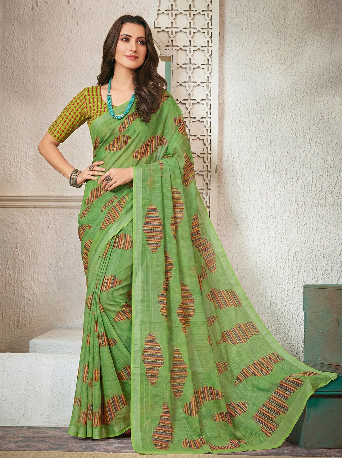 Urvashi - Lime Green Chiffon Printed Saree with Lace Border