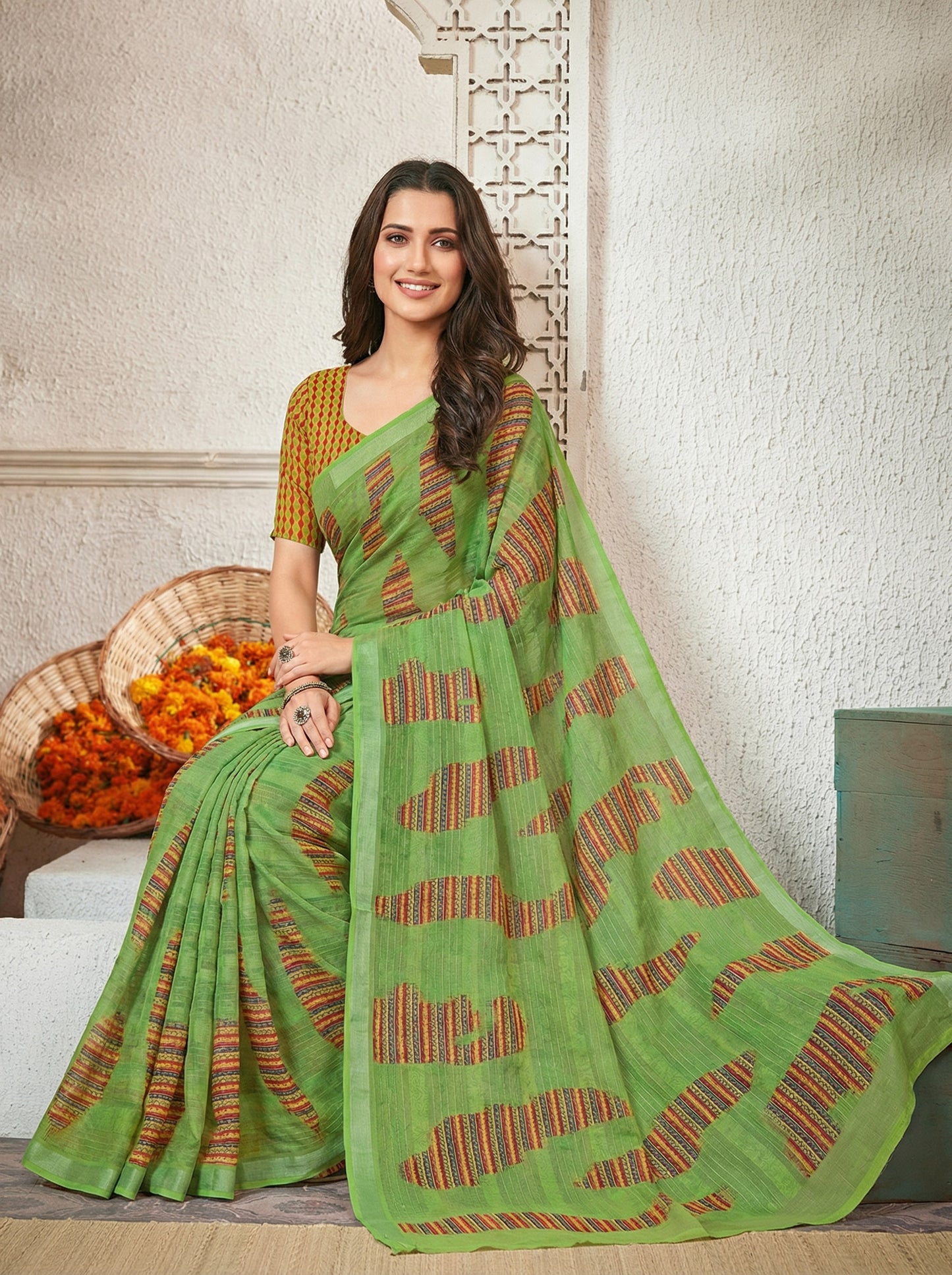 Urvashi - Lime Green Chiffon Printed Saree with Lace Border