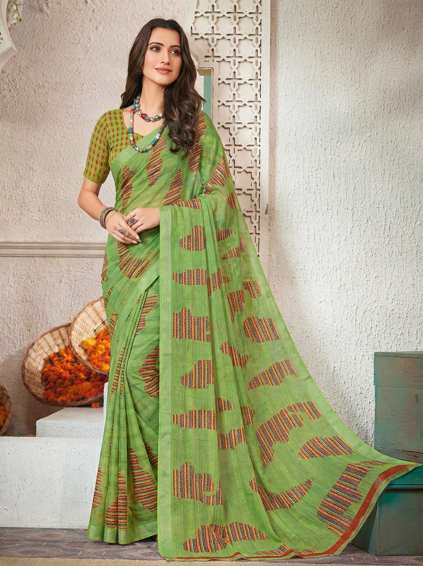Urvashi - Lime Green Chiffon Printed Saree with Lace Border