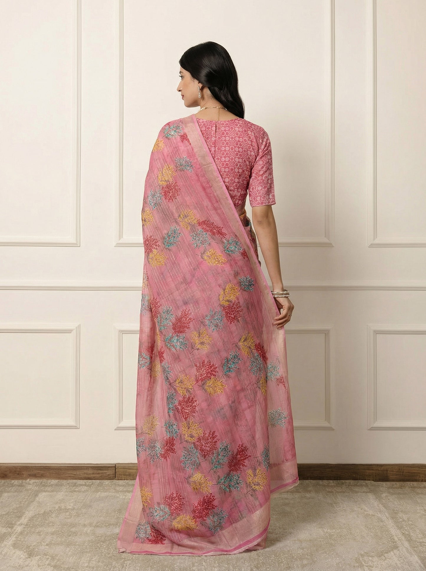 Urvashi - Pink Chiffon Printed Saree with Lace Border