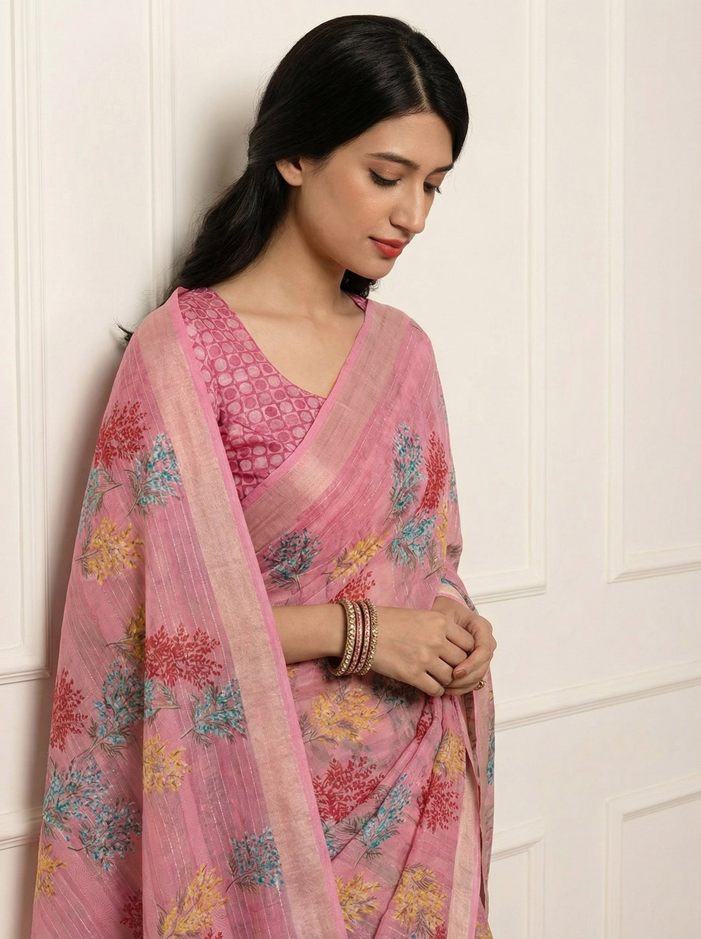 Urvashi - Pink Chiffon Printed Saree with Lace Border