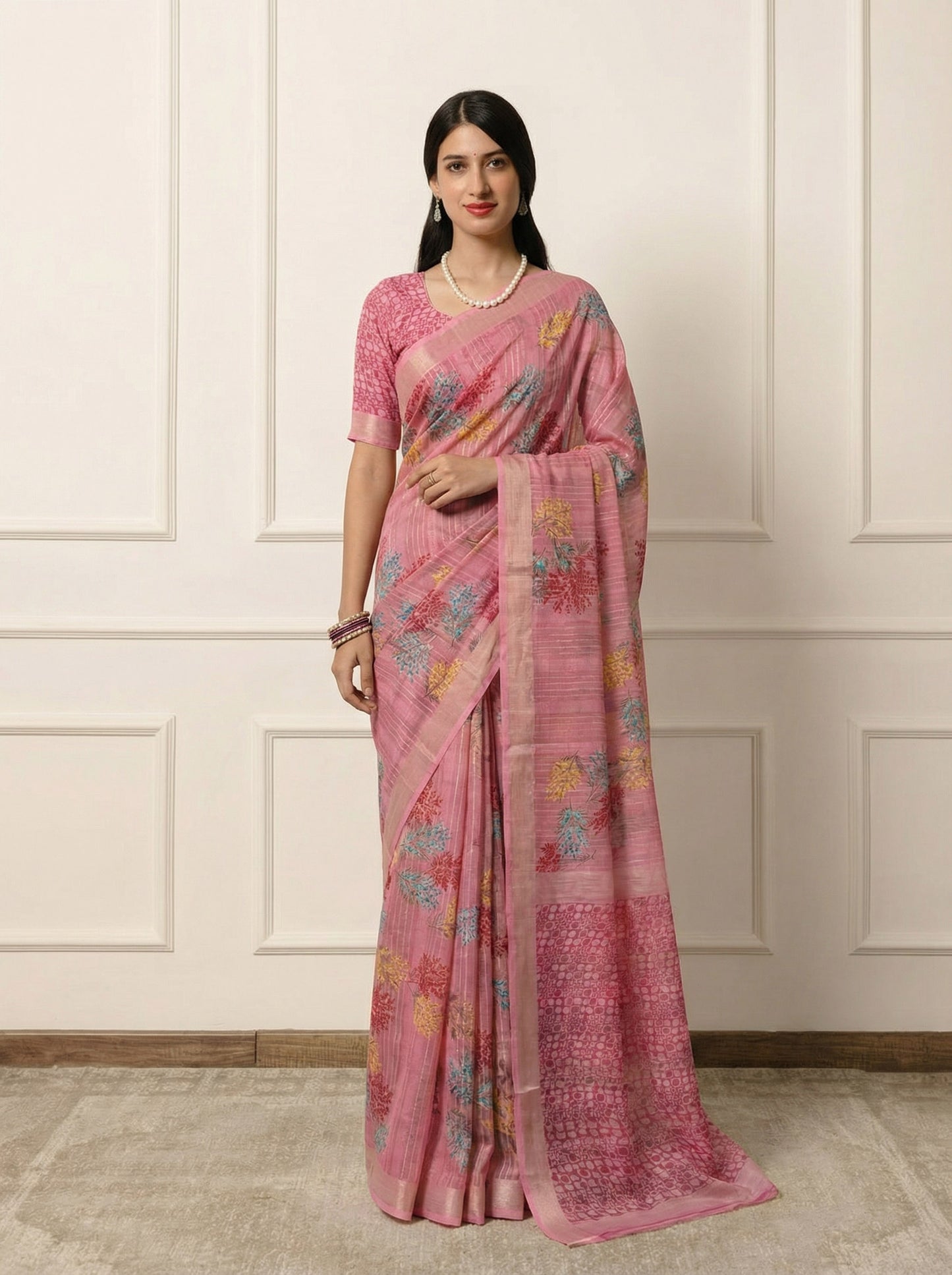 Urvashi - Pink Chiffon Printed Saree with Lace Border