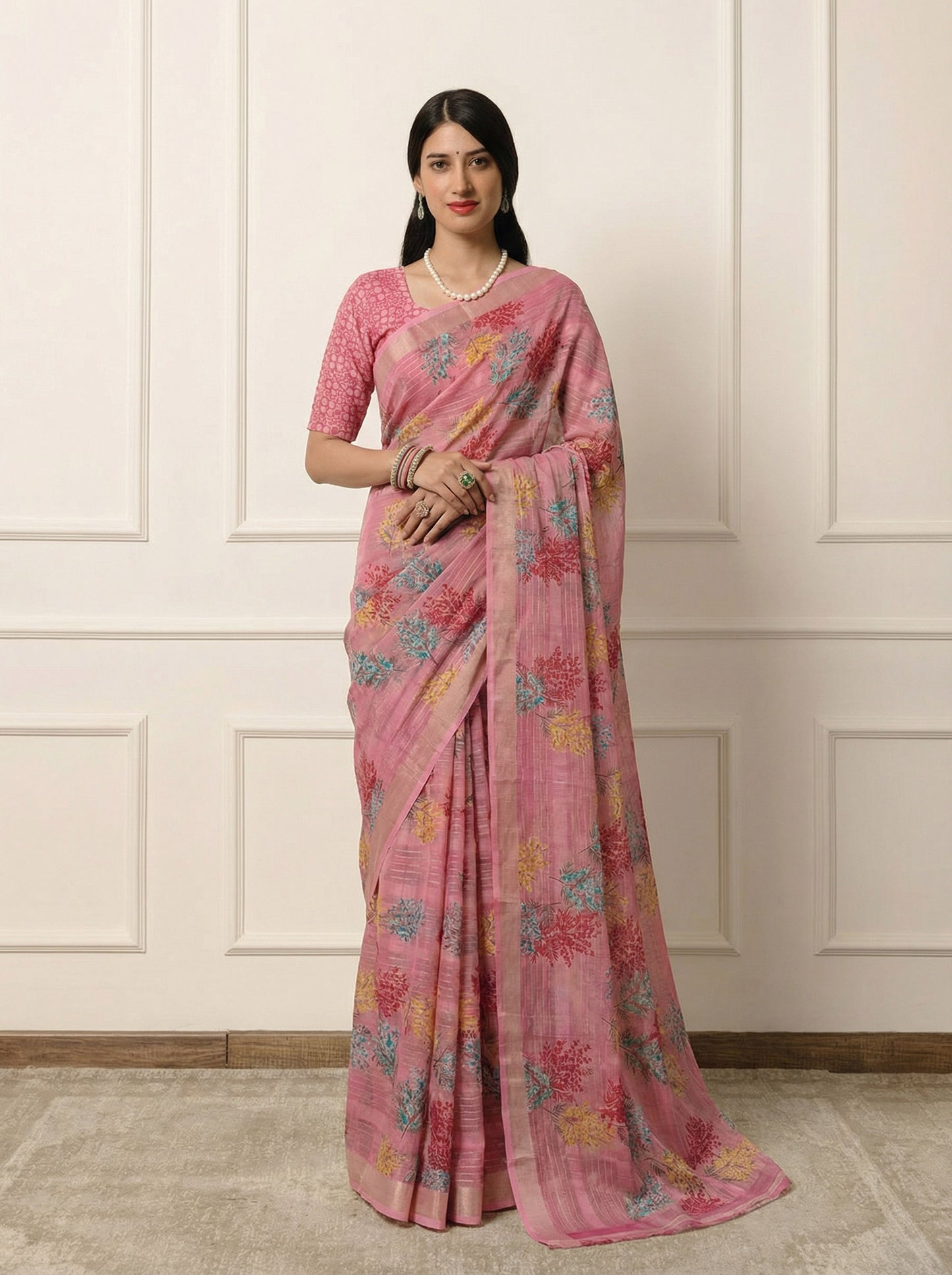 Urvashi - Pink Chiffon Printed Saree with Lace Border