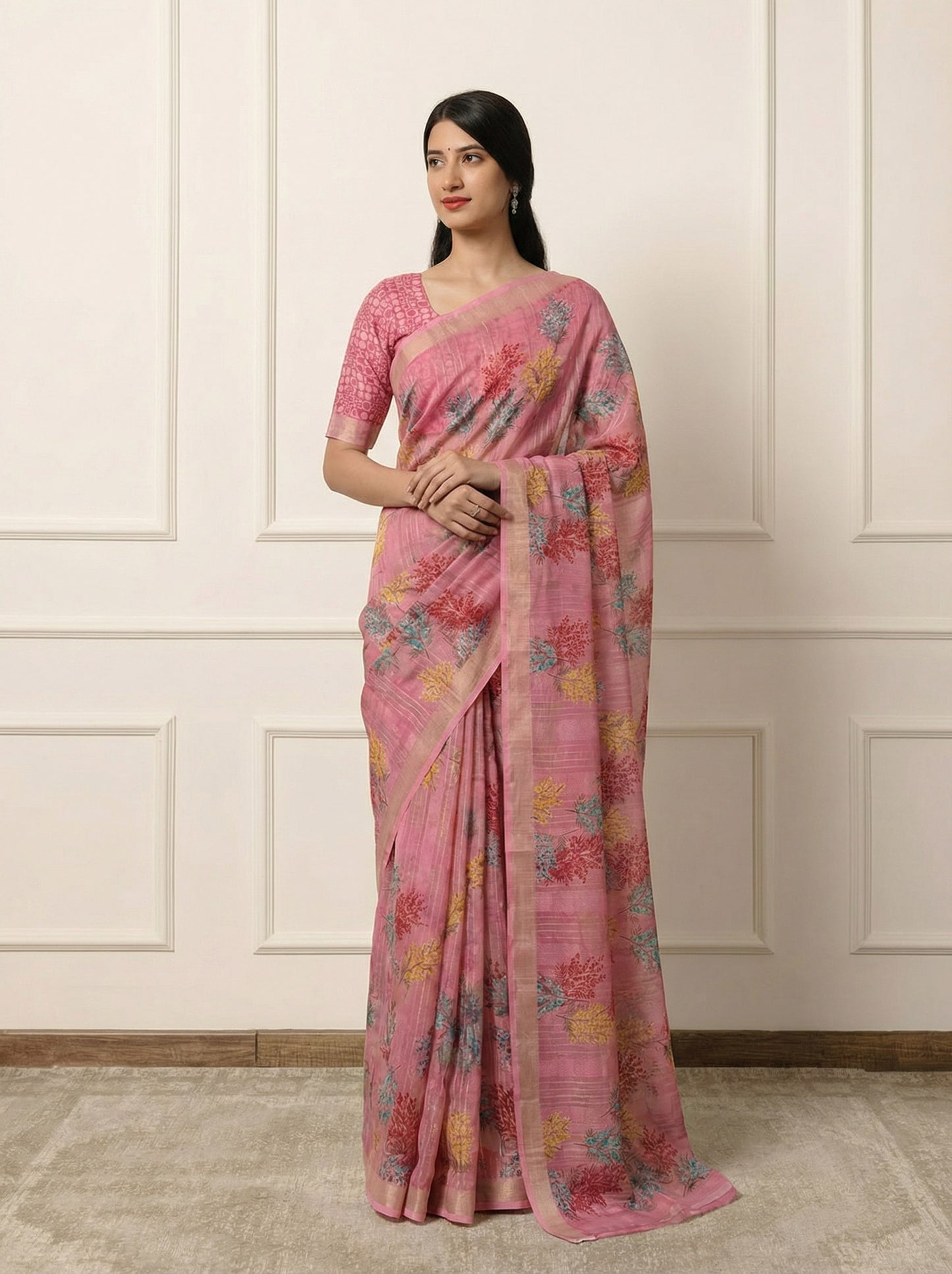Urvashi - Pink Chiffon Printed Saree with Lace Border