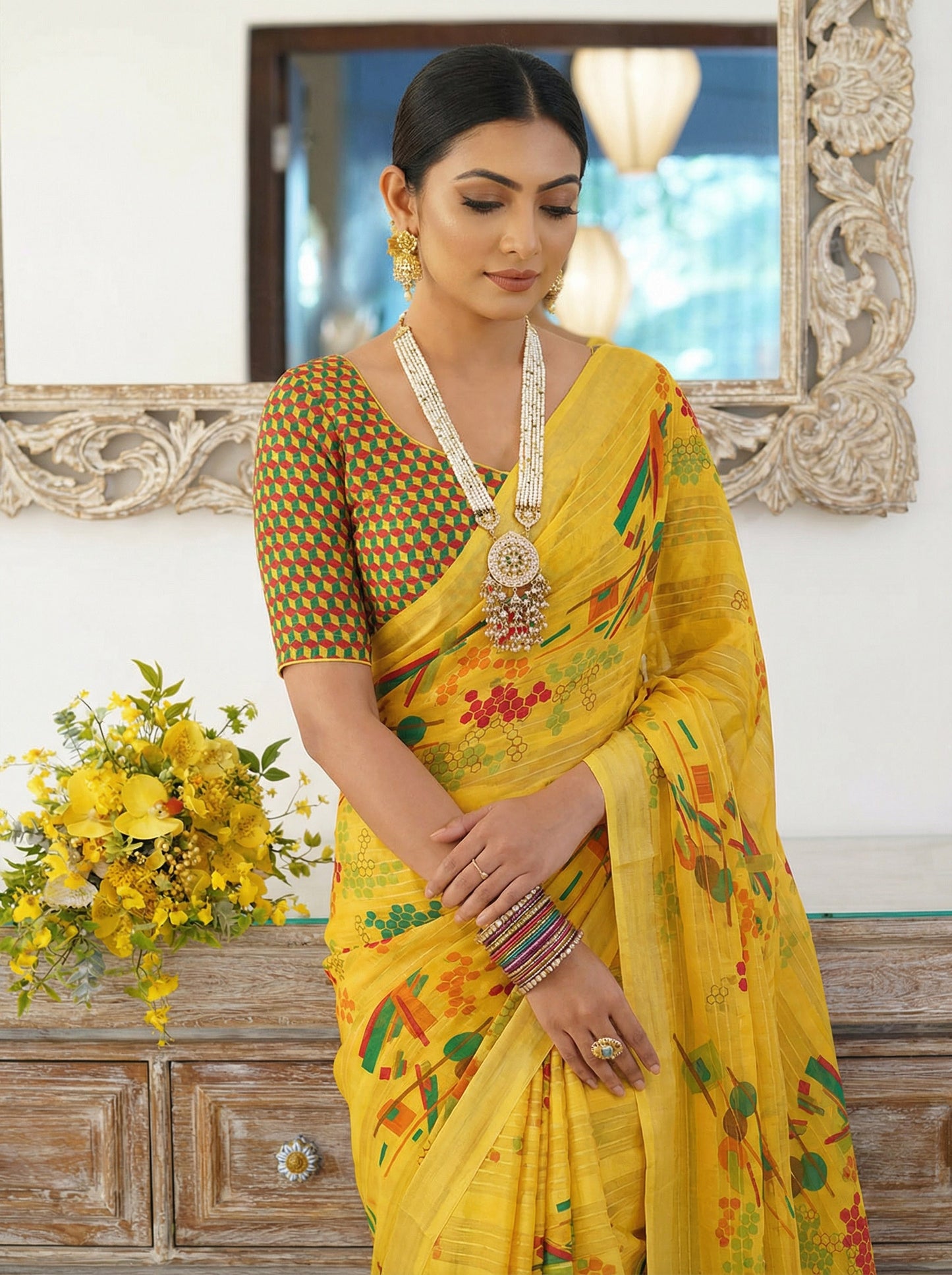 Urvashi - Yellow Chiffon Printed Saree with Lace Border