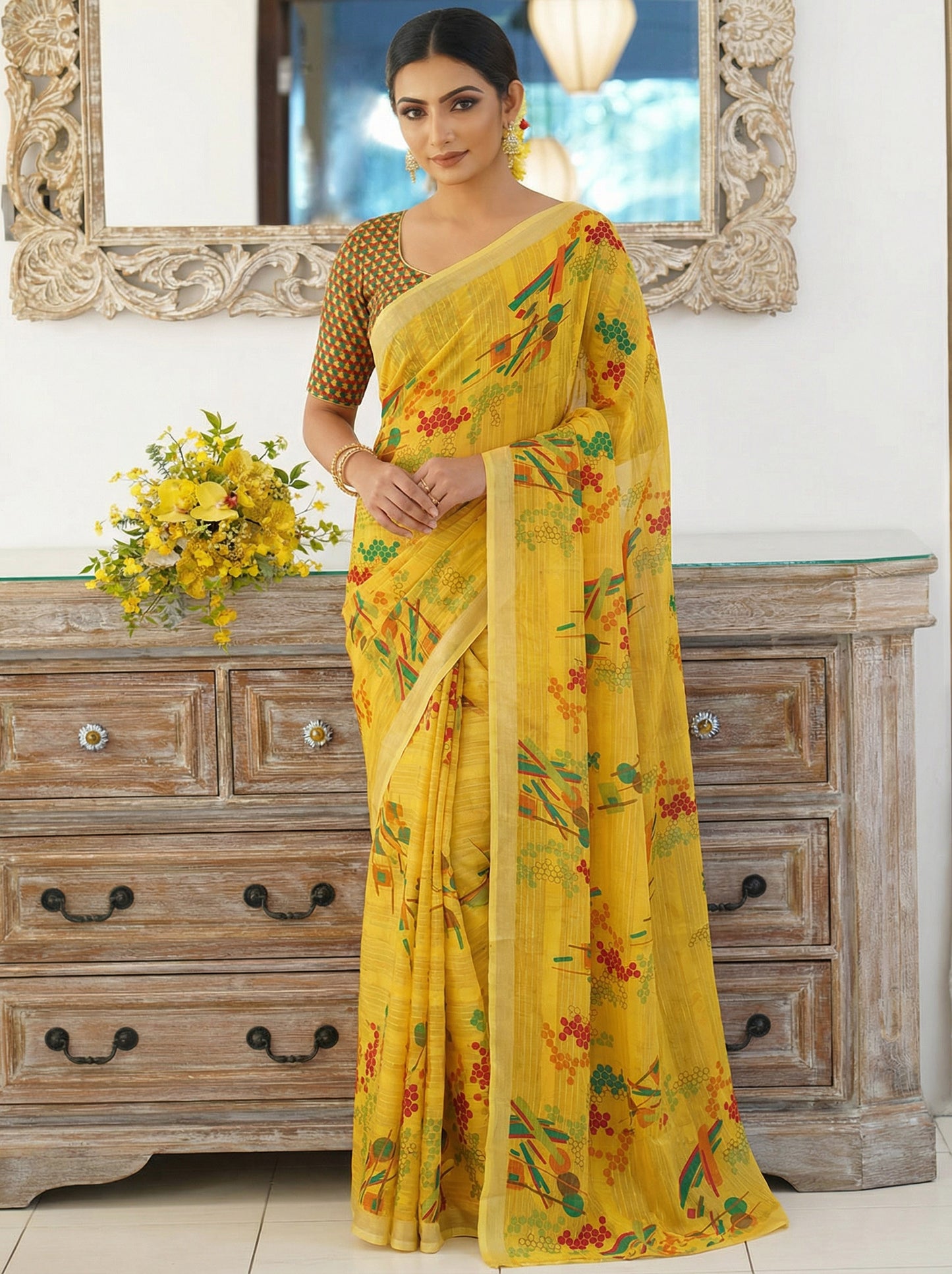 Urvashi - Yellow Chiffon Printed Saree with Lace Border