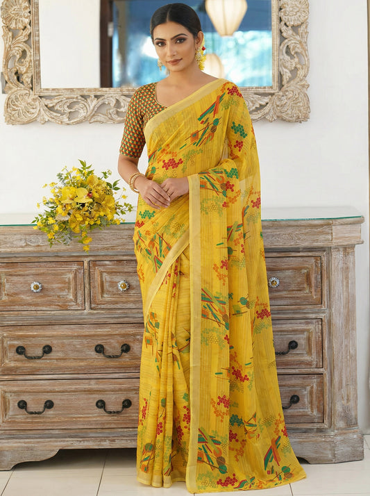 Urvashi - Yellow Chiffon Printed Saree with Lace Border