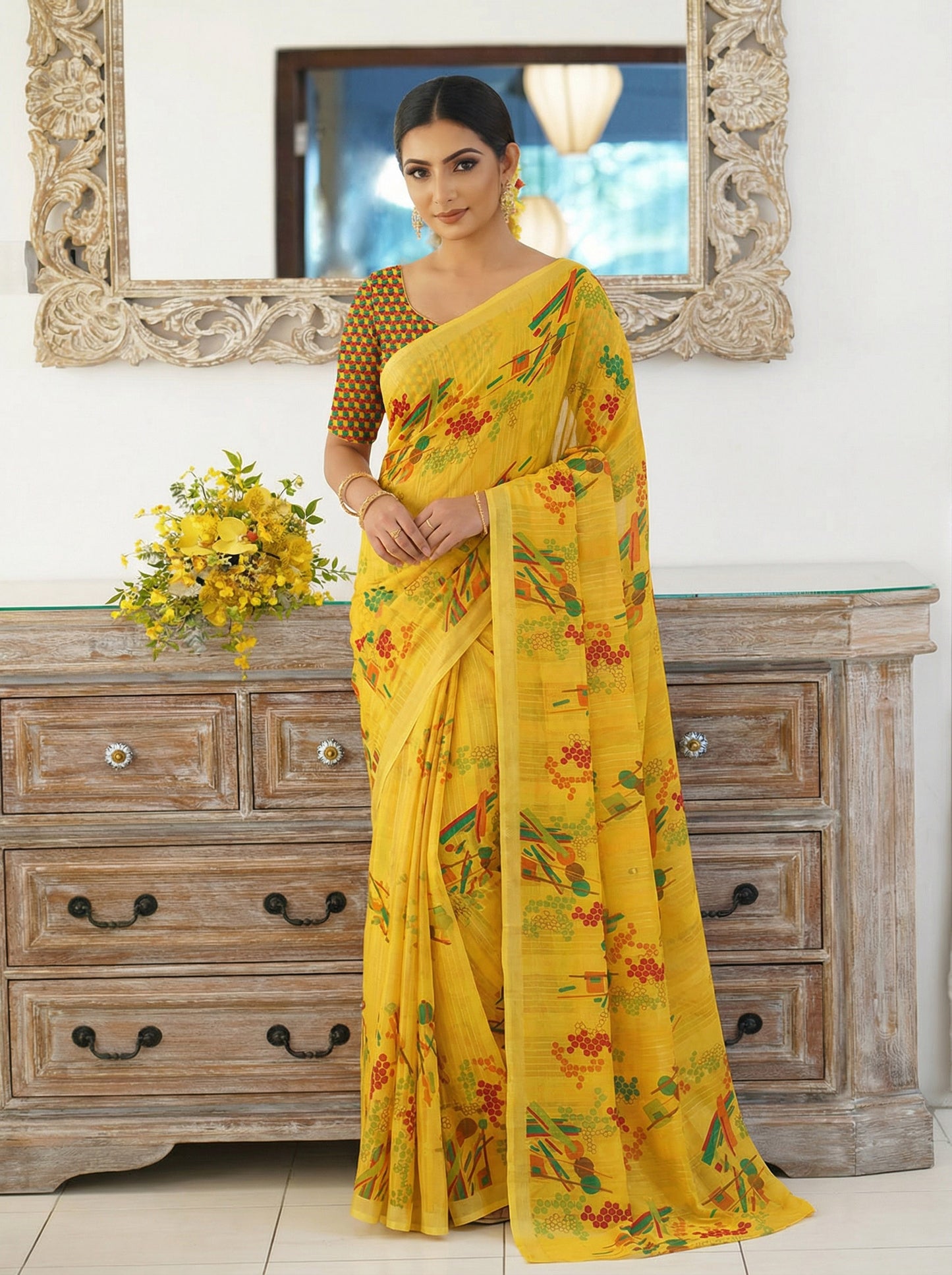Urvashi - Yellow Chiffon Printed Saree with Lace Border