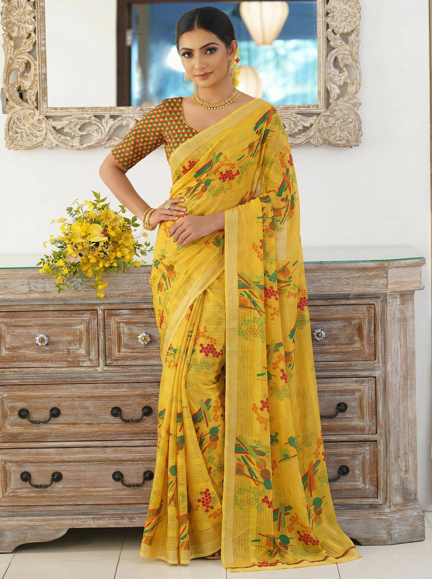 Urvashi - Yellow Chiffon Printed Saree with Lace Border