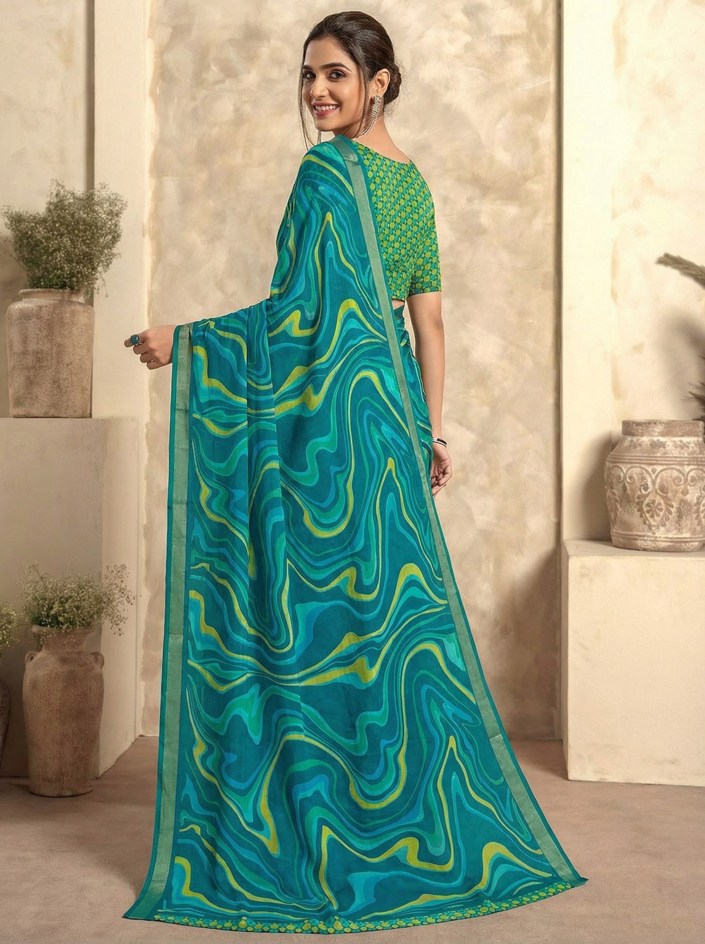 Urvashi - Aqua Blue Chiffon Printed Saree with Lace Border