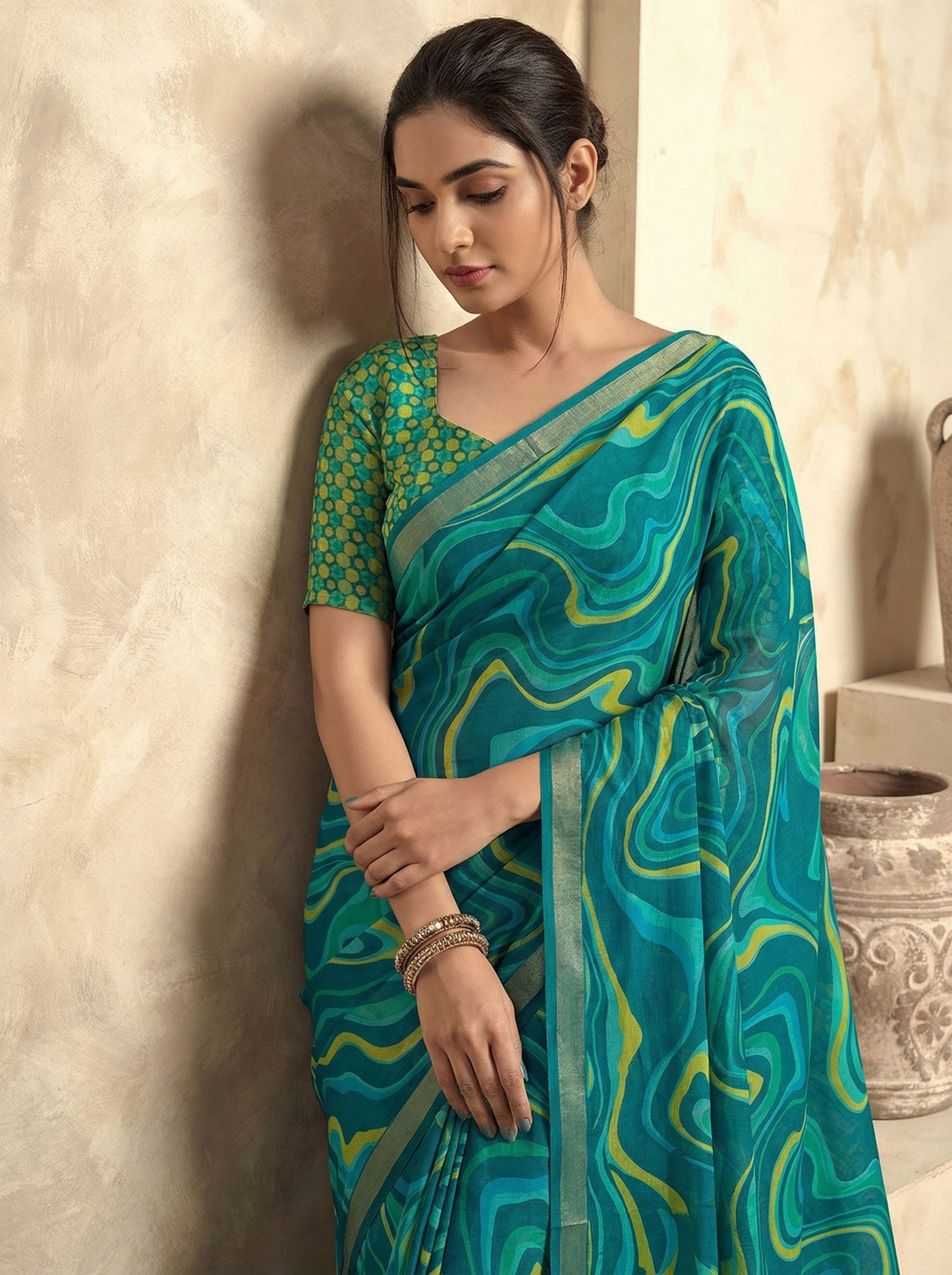 Urvashi - Aqua Blue Chiffon Printed Saree with Lace Border