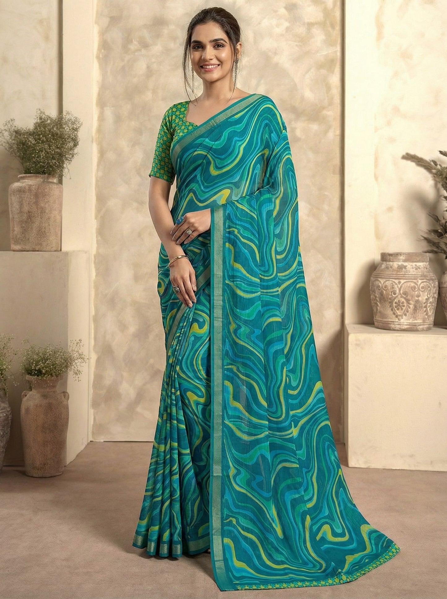 Urvashi - Aqua Blue Chiffon Printed Saree with Lace Border