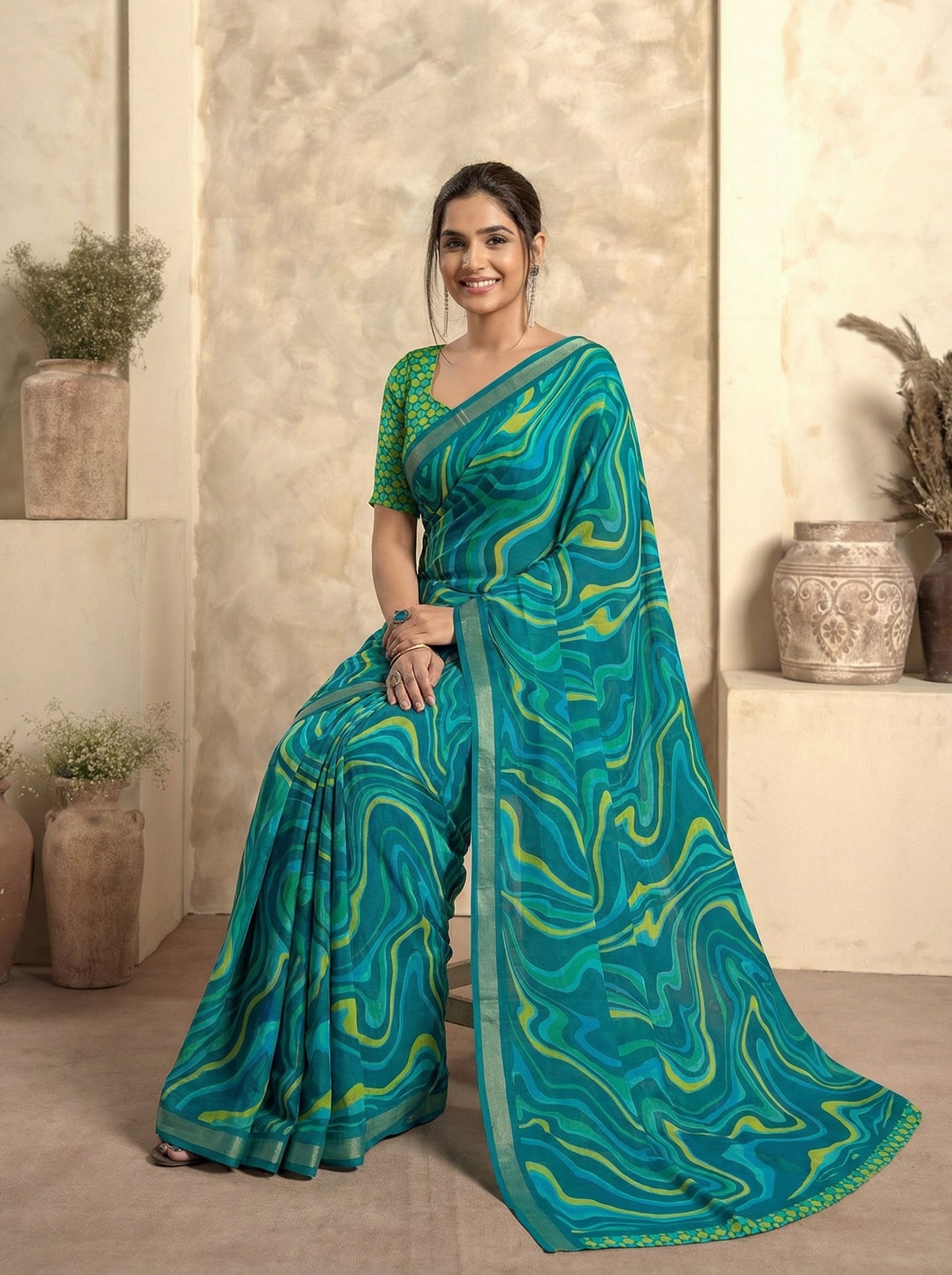Urvashi - Aqua Blue Chiffon Printed Saree with Lace Border