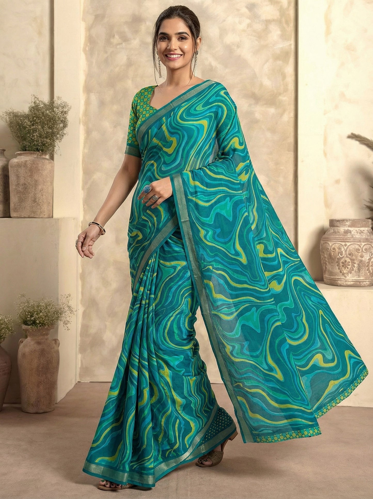 Urvashi - Aqua Blue Chiffon Printed Saree with Lace Border