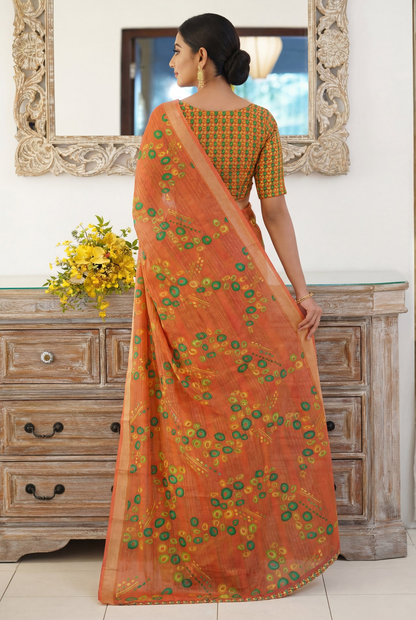 Urvashi - Orange Chiffon Printed Saree with Lace Border