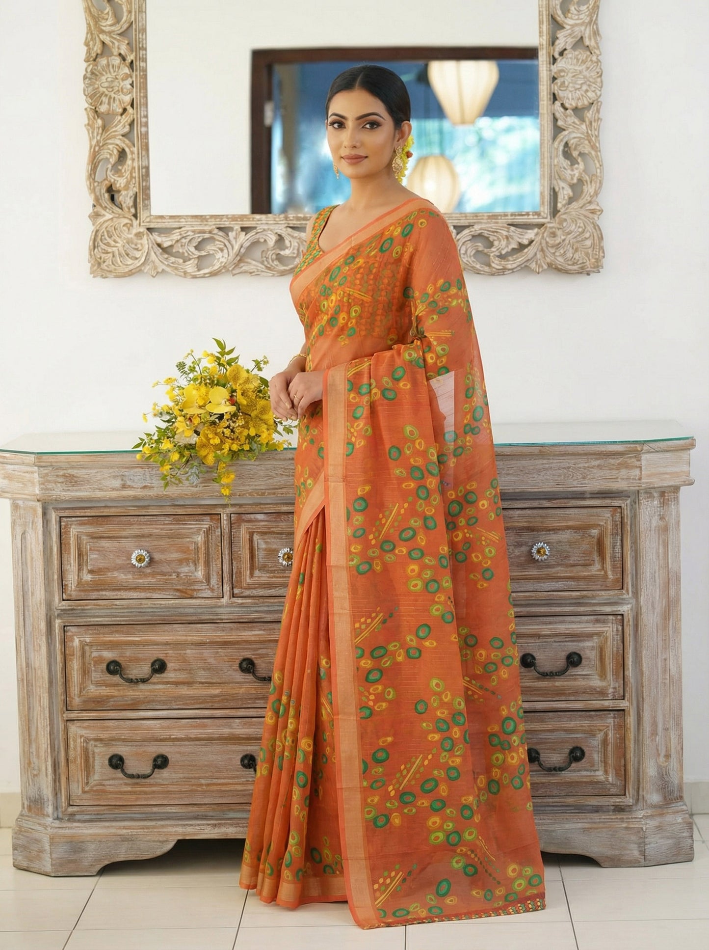 Urvashi - Orange Chiffon Printed Saree with Lace Border