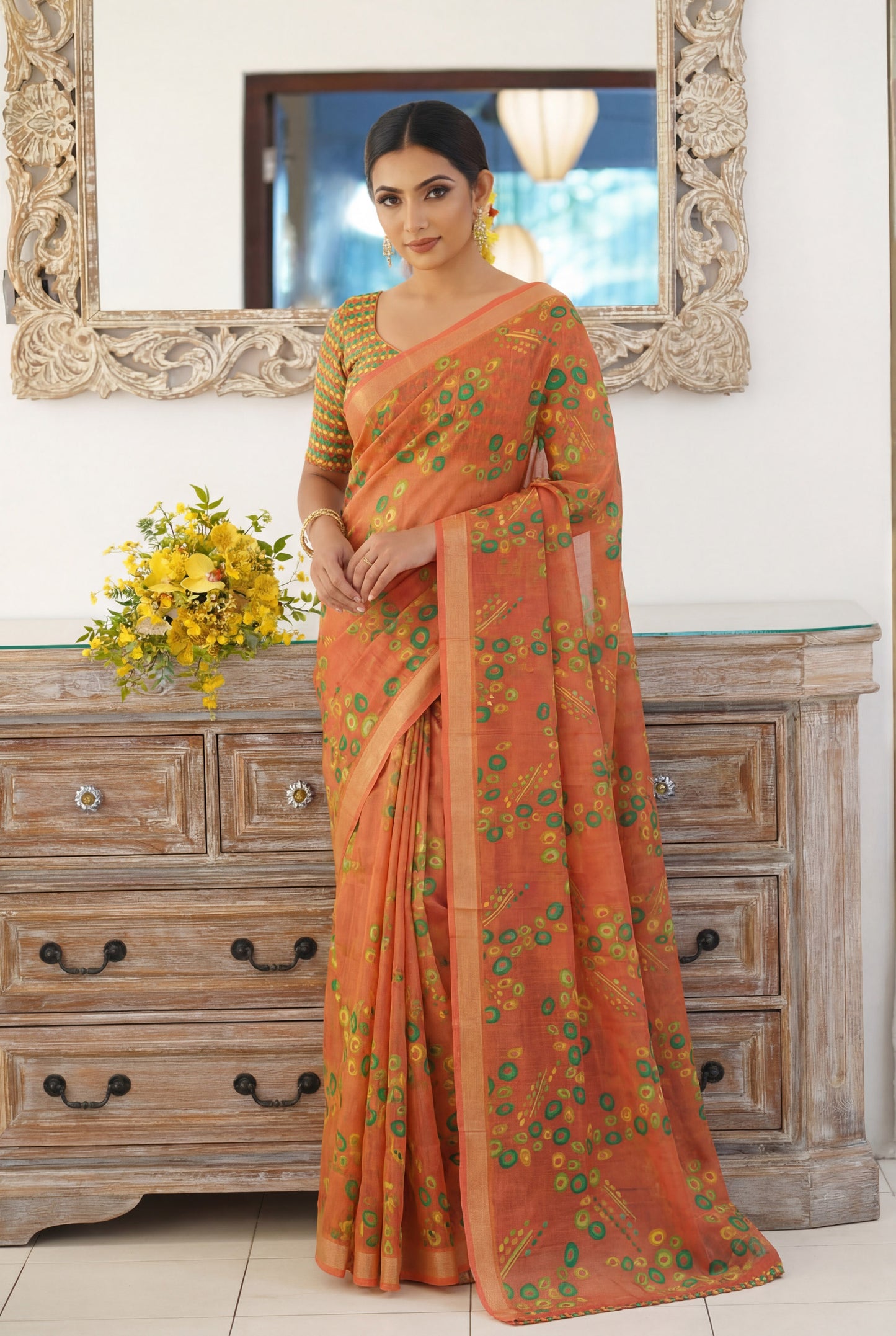 Urvashi - Orange Chiffon Printed Saree with Lace Border